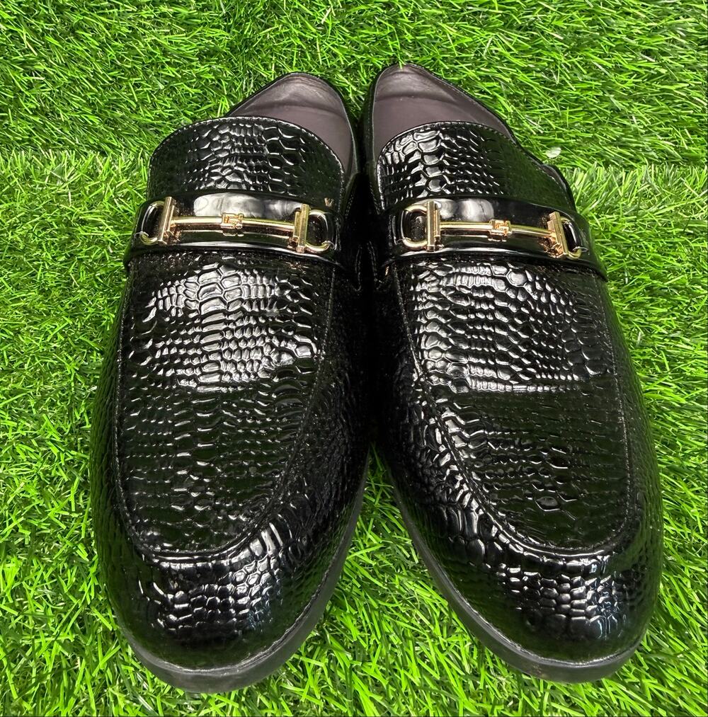 Mens EU 45 US 11.5 Black Crocodile Embossed Patent Gold Bit Dress Loafer Shoes